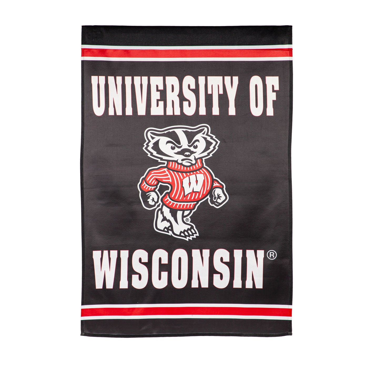 Embossed suede flag University of Wisconsin with mascot on black fabric Evergreen Enterprises on Tampa Home & Garden Store