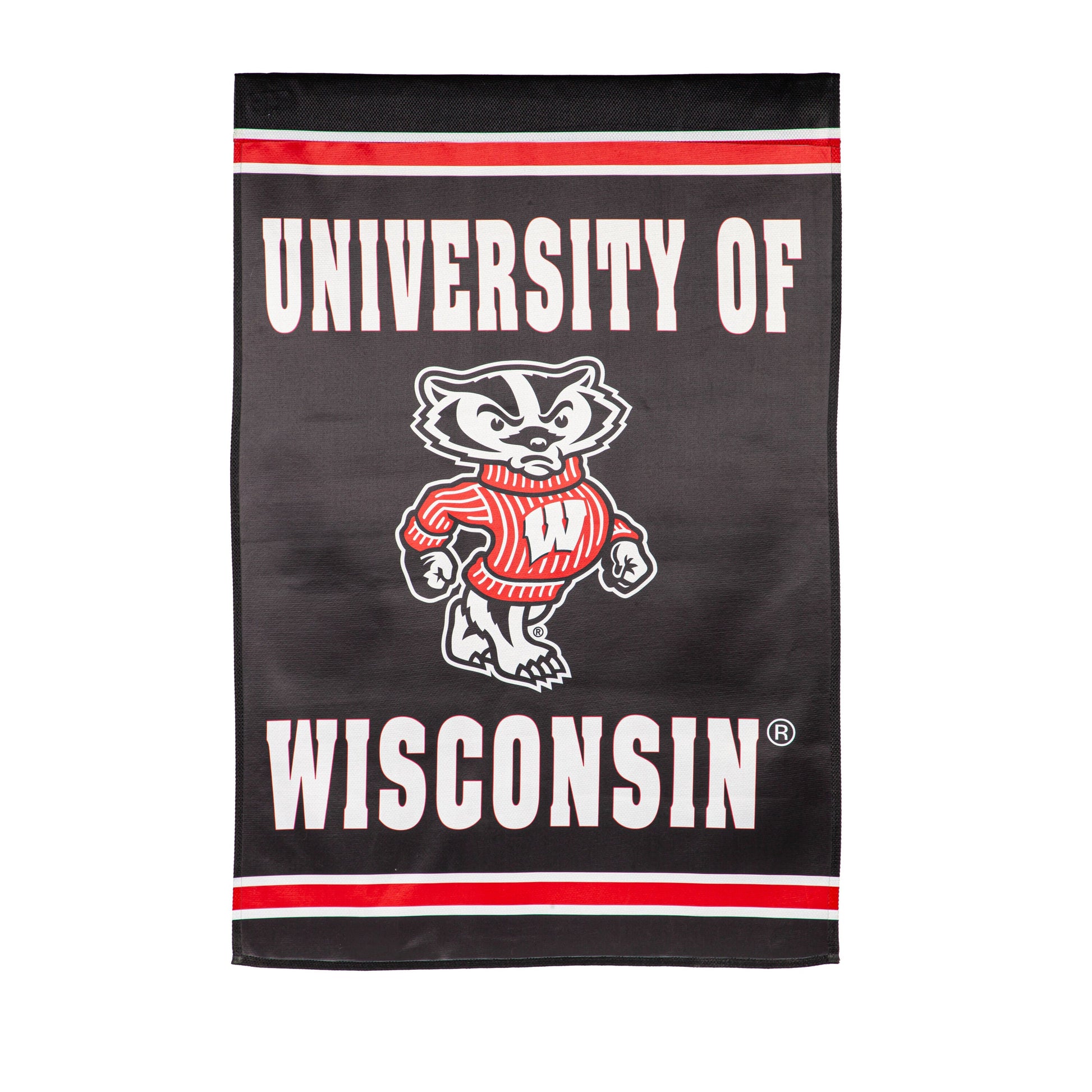 Embossed suede flag University of Wisconsin with mascot on black fabric Evergreen Enterprises on Tampa Home & Garden Store