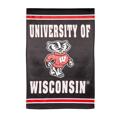 Embossed suede flag University of Wisconsin with mascot on black fabric Evergreen Enterprises on Tampa Home & Garden Store