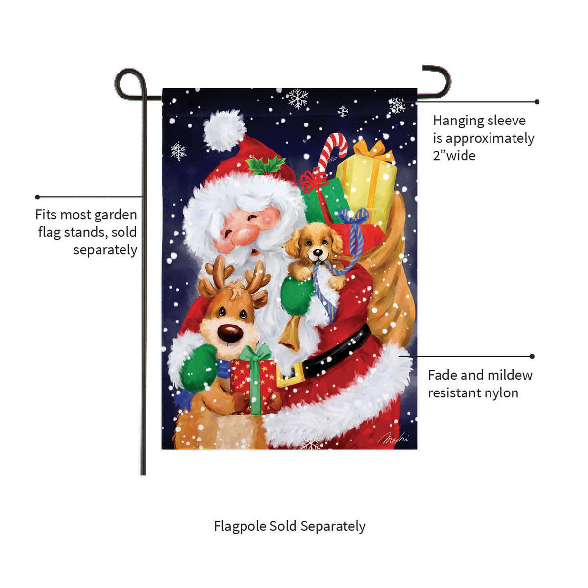 Suede garden flag Santa, reindeer and puppy design on navy snowy background on Tampa Home & Garden Store