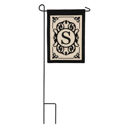 Cambridge Monogram Garden Applique Flag Letter S with black scrollwork on cream panel on Tampa Home & Garden Store