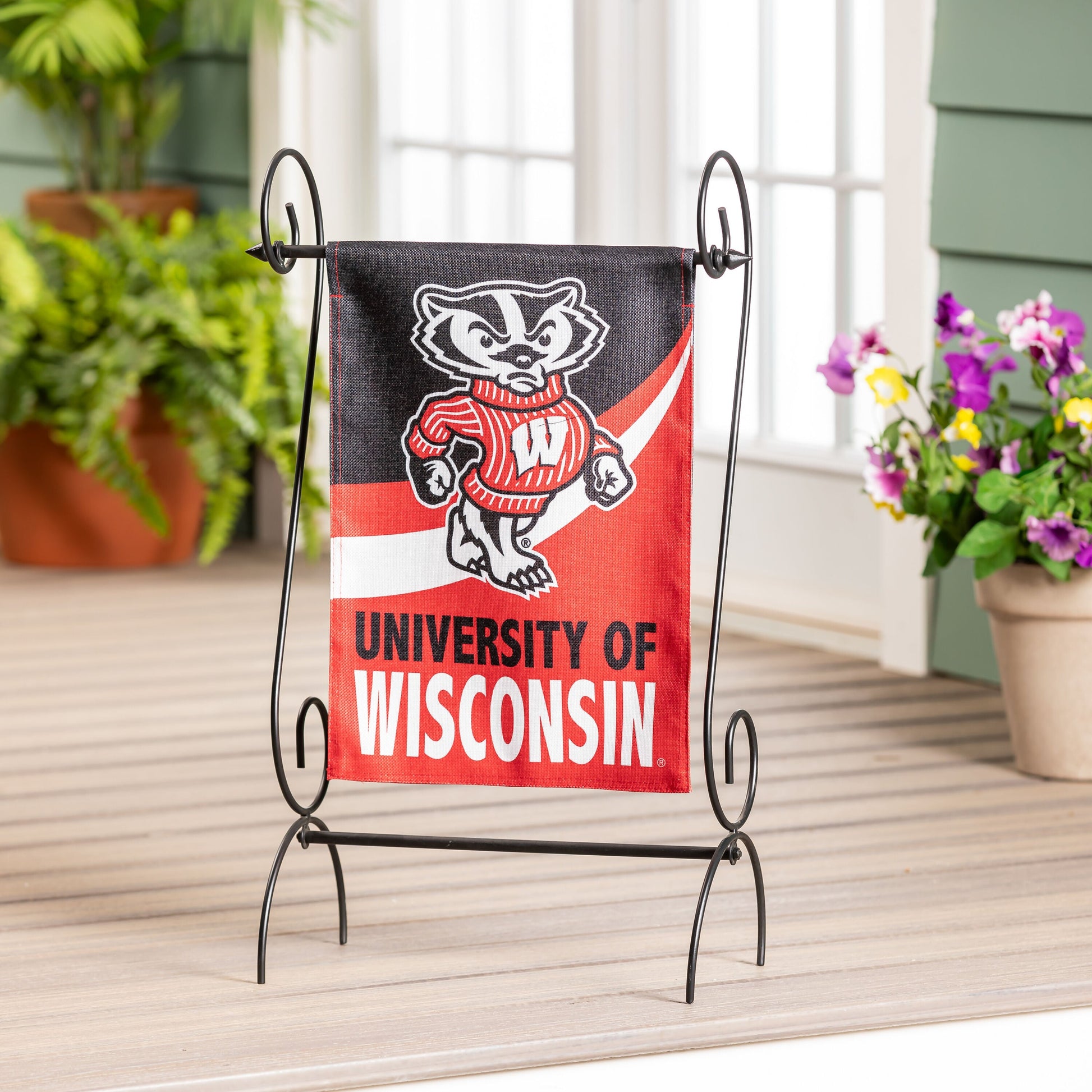 Garden burlap flag featuring University of Wisconsin–Madison Badger mascot in red and black on Tampa Home & Garden Store
