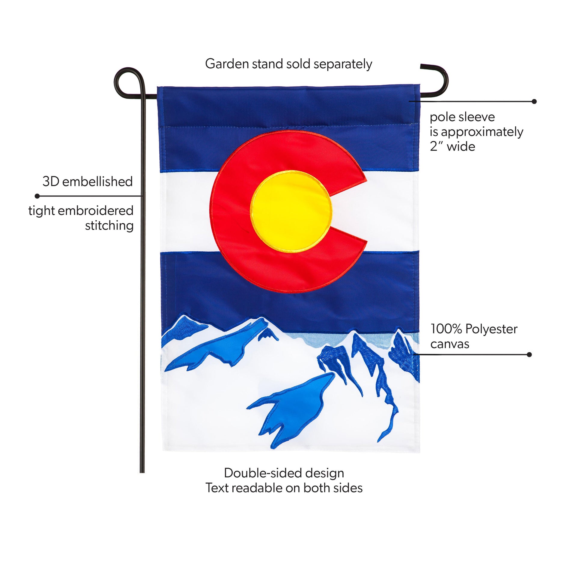 Colorado State Garden Applique Flag with red C and yellow disk over mountains Evergreen on Tampa Home & Garden Store