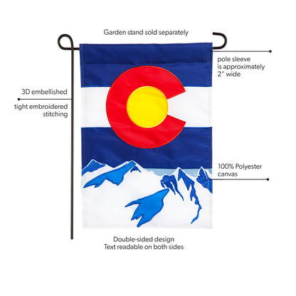 Colorado State Garden Applique Flag with red C and yellow disk over mountains Evergreen on Tampa Home & Garden Store