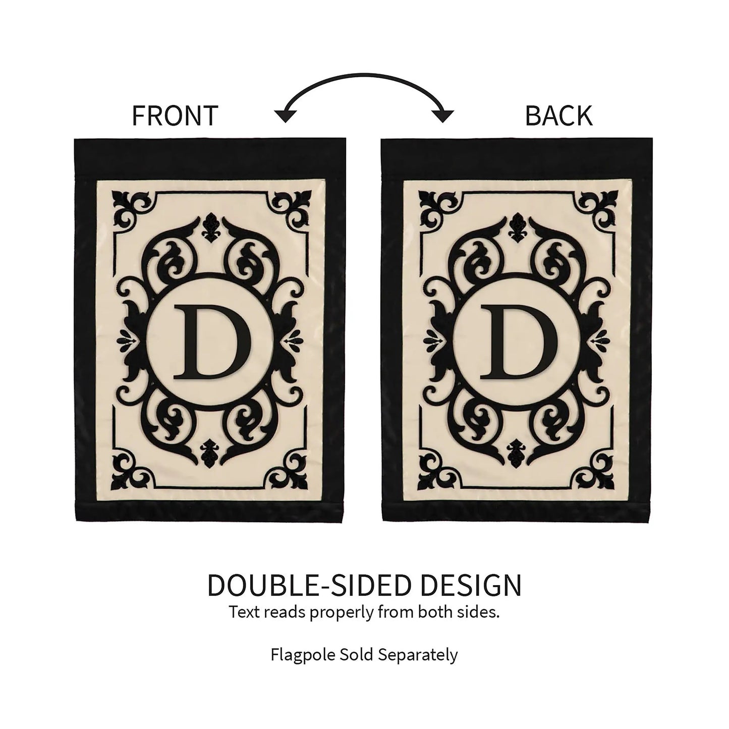 Cambridge Monogram Garden Applique Flag Letter D black ornate D on ivory panels Evergreen on Tampa Home & Garden Store