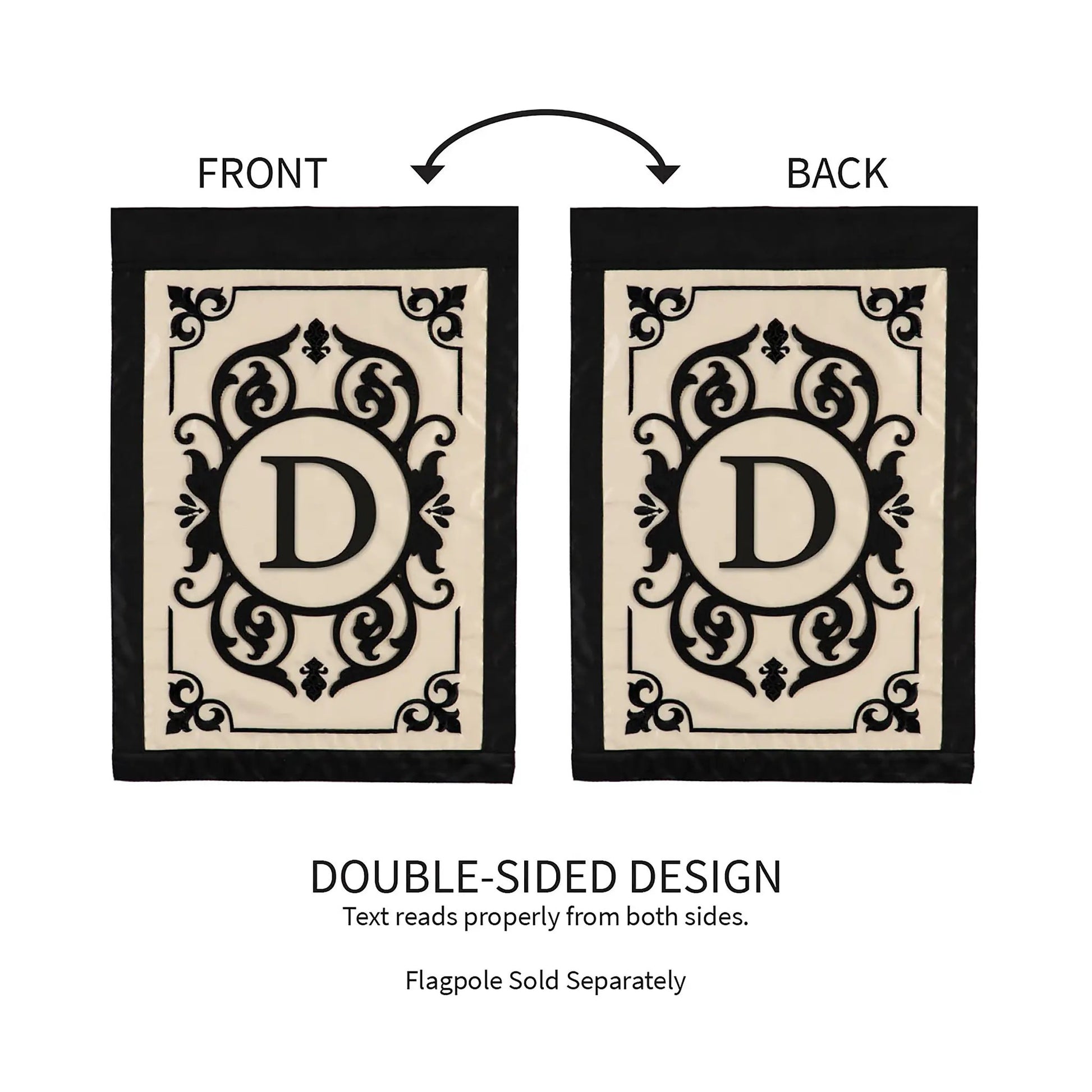 Cambridge Monogram Garden Applique Flag Letter D black ornate D on ivory panels Evergreen on Tampa Home & Garden Store