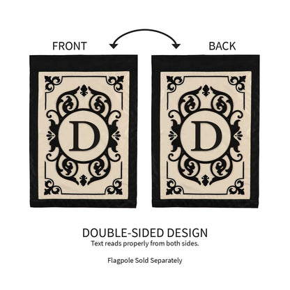 Cambridge Monogram Garden Applique Flag Letter D black ornate D on ivory panels Evergreen on Tampa Home & Garden Store