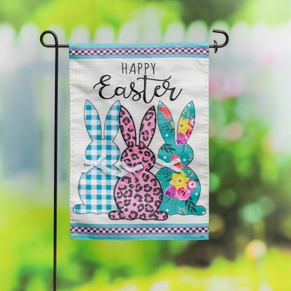 Bright Bunnies Garden Applique Flag turquoise border and colorful bunnies by Evergreen on Tampa Home & Garden Store