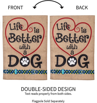 Burlap flags Life is Better with Dog, set of 2, Evergreen Enterprises, red heart motif on Tampa Home & Garden Store