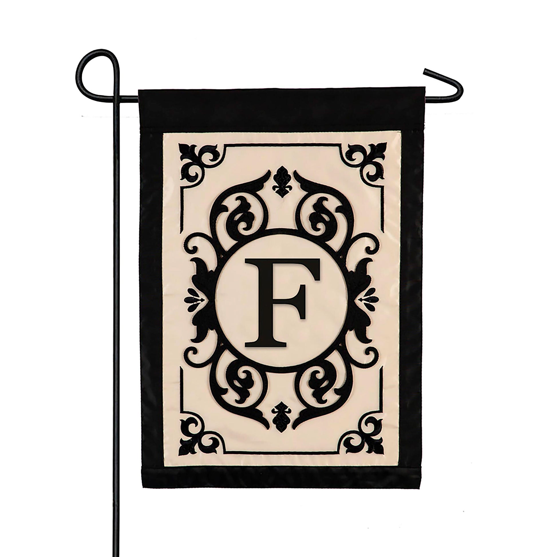 Cambridge Monogram Applique Flag Letter F with beige crest on black border by Evergreen on Tampa Home & Garden Store