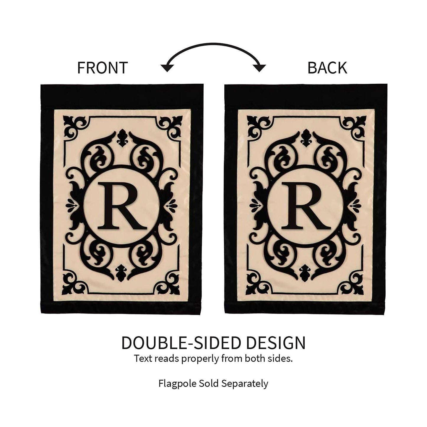 Cambridge Monogram Garden Applique Flag Letter R with panel and black border, two flags on Tampa Home & Garden Store