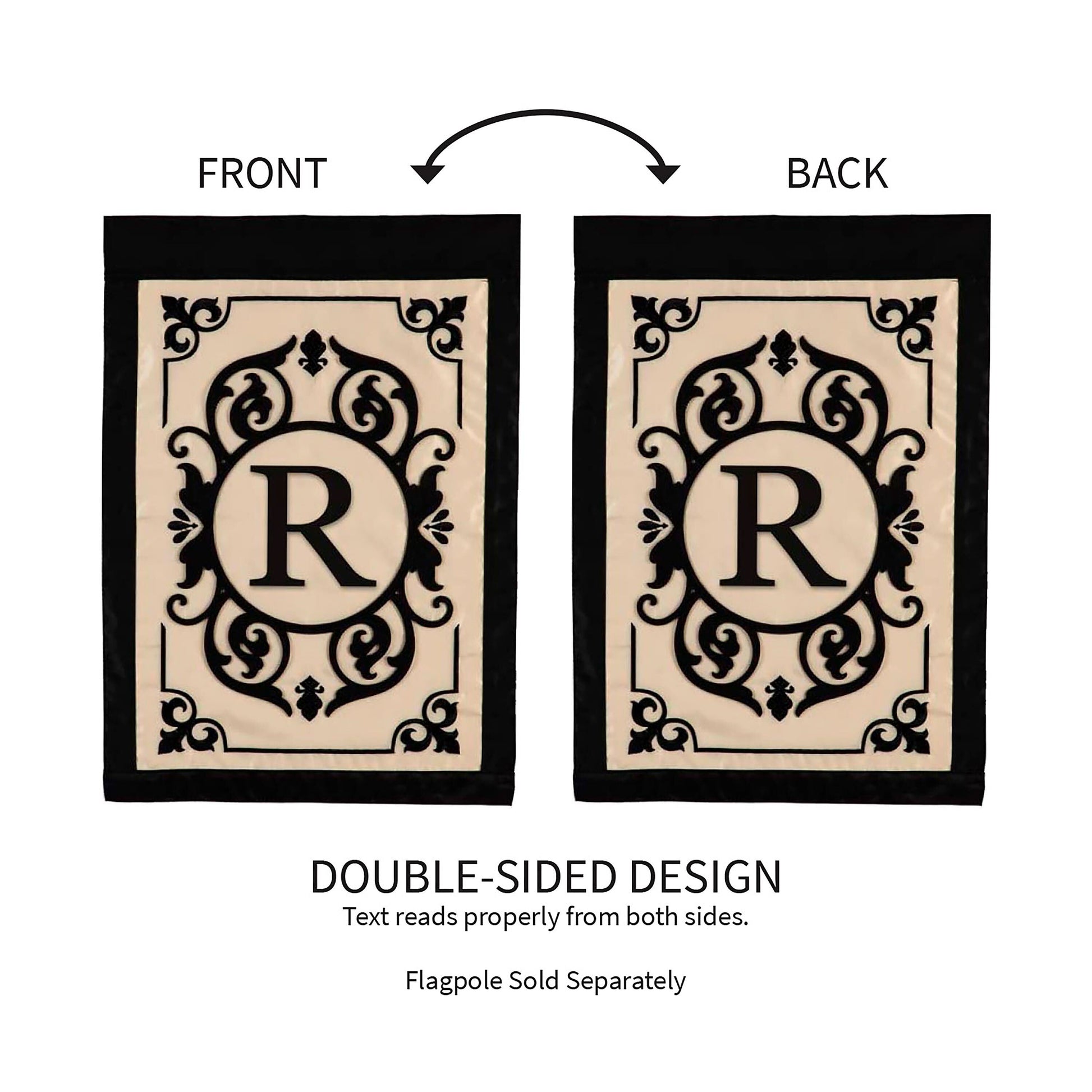 Cambridge Monogram Garden Applique Flag Letter R with panel and black border, two flags on Tampa Home & Garden Store