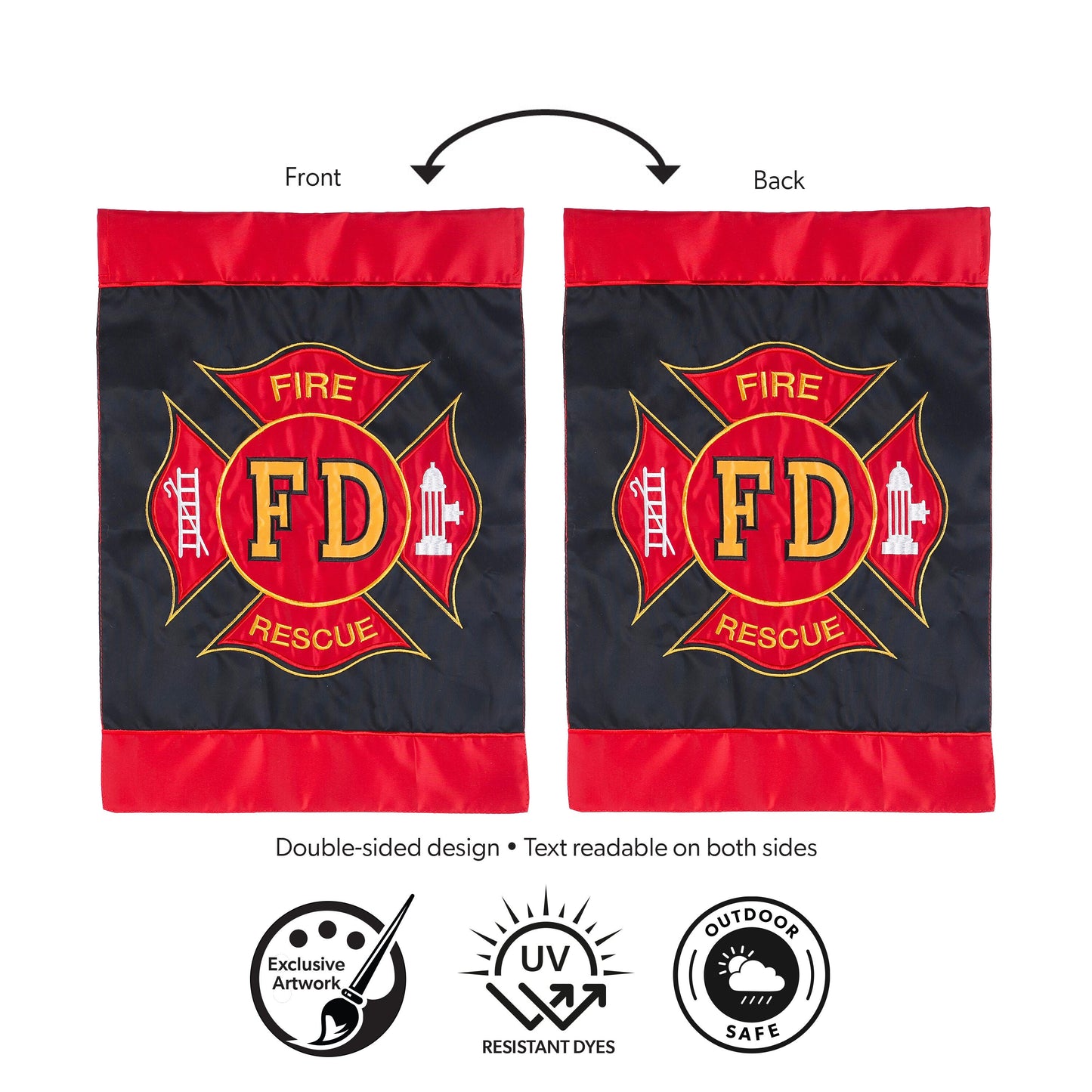 Fire Department Applique Flag, navy pair with red trim and FD emblem, Evergreen Enterprises on Tampa Home & Garden Store