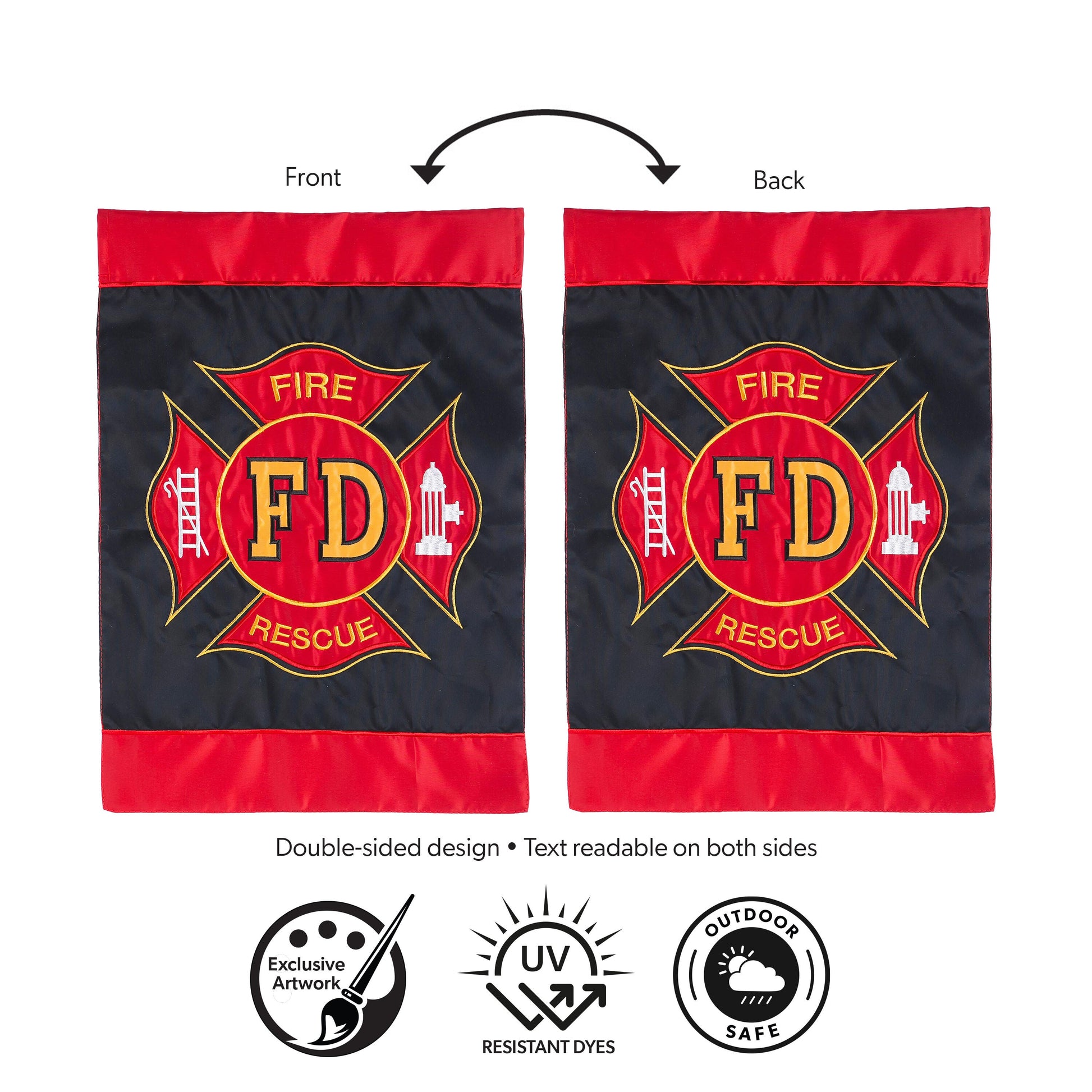 Fire Department Applique Flag, navy pair with red trim and FD emblem, Evergreen Enterprises on Tampa Home & Garden Store