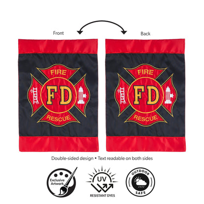 Fire Department Applique Flag, navy pair with red trim and FD emblem, Evergreen Enterprises on Tampa Home & Garden Store