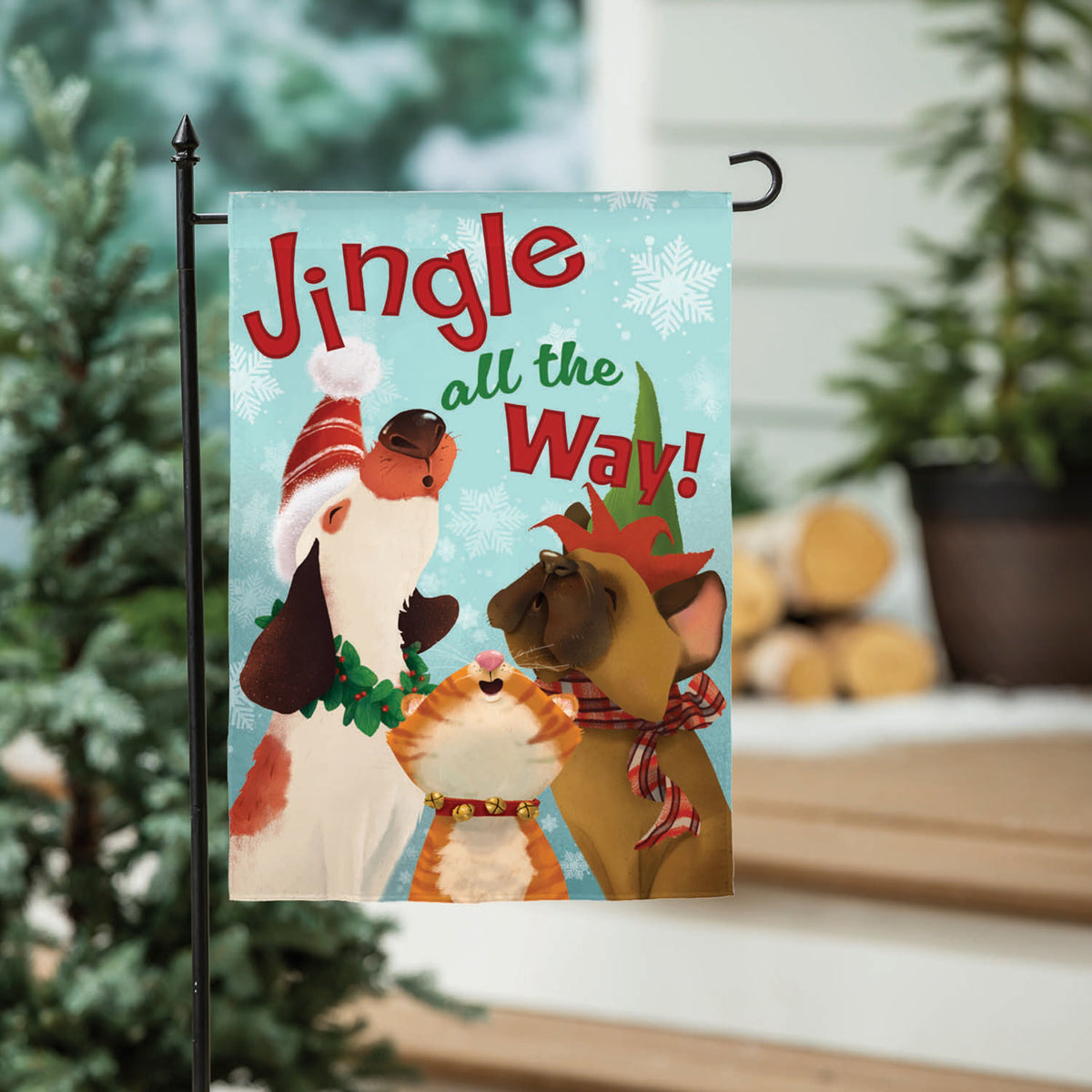 Jingle All the Way Suede Garden Flag teal background with festive animals Evergreen Enterprises on Tampa Home & Garden Store