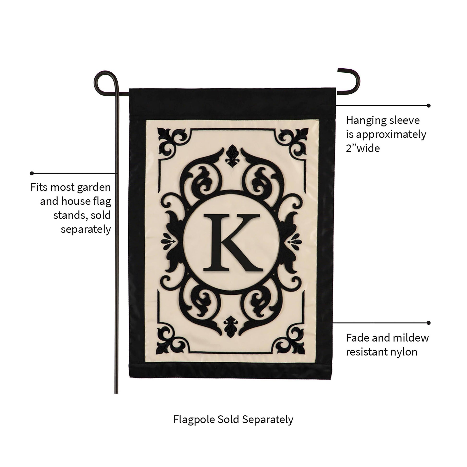 Cambridge Monogram Garden Flag K applique with ornate black crest on beige panel on Tampa Home & Garden Store