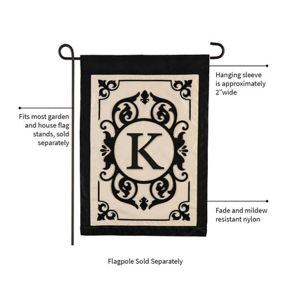 Cambridge Monogram Garden Flag K applique with ornate black crest on beige panel on Tampa Home & Garden Store