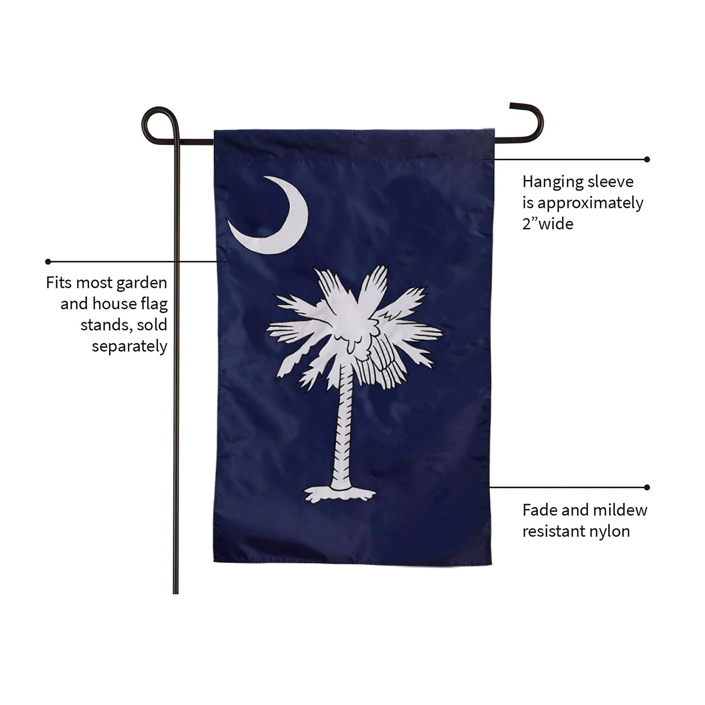 South Carolina garden applique flag with white palmetto tree and crescent on navy nylon on Tampa Home & Garden Store