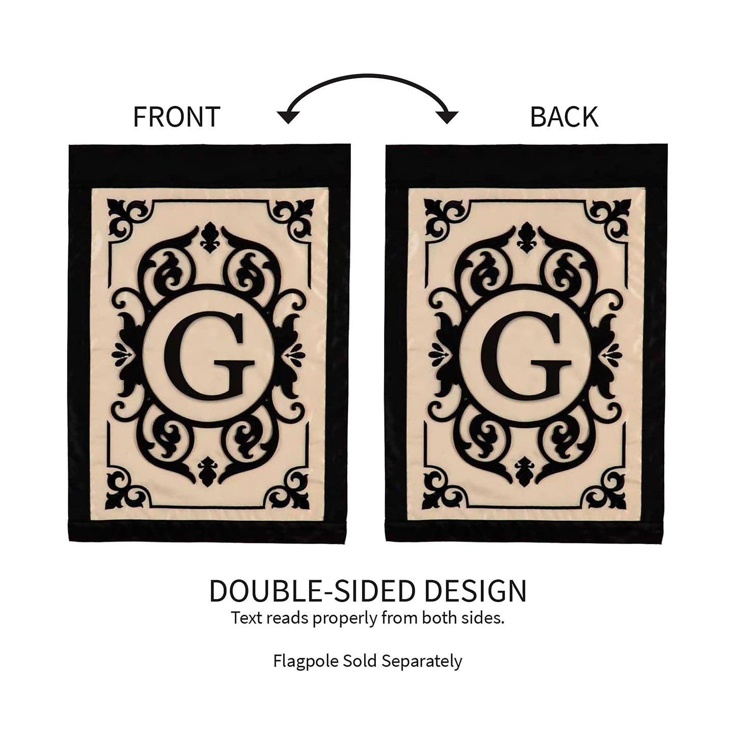 Cambridge Monogram Garden Applique Flag G double-sided beige panel with black ornate border on Tampa Home & Garden Store