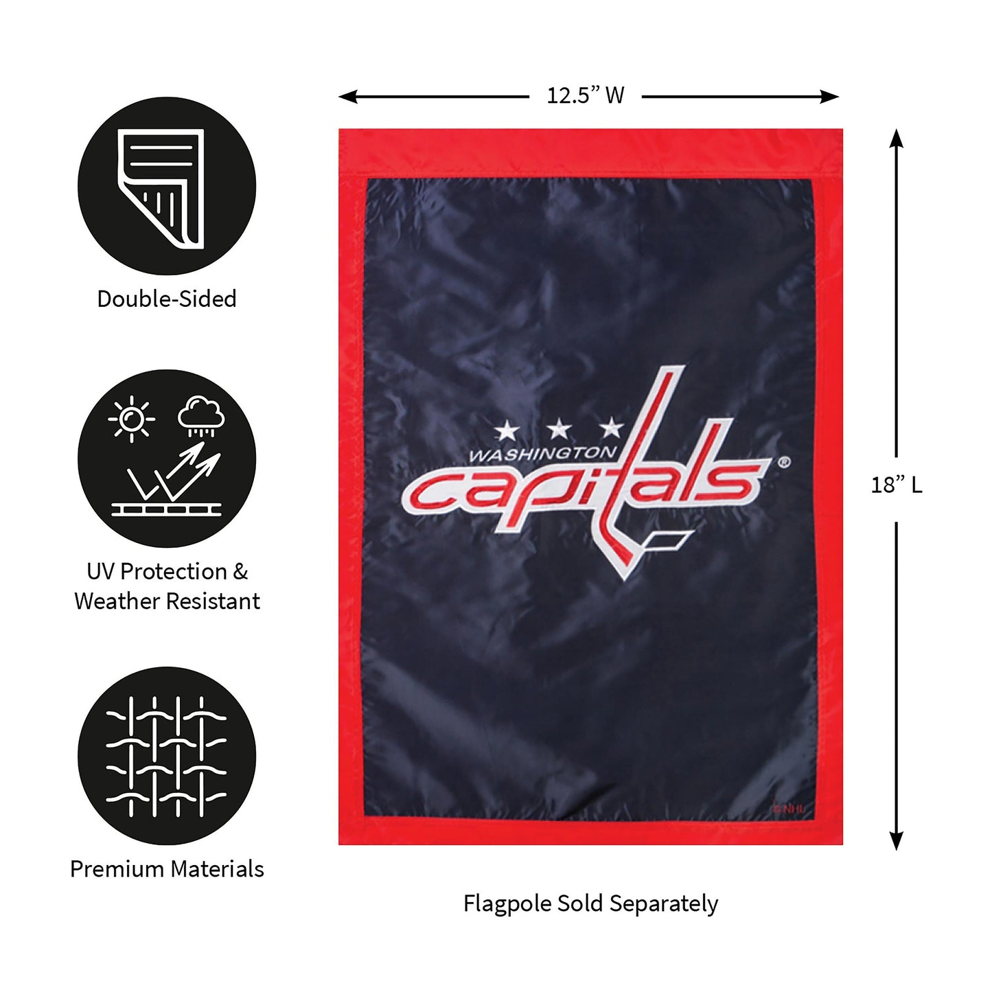 Washington Capitals applique flag with red border and blue field, 12.5W x 18L on Tampa Home & Garden Store