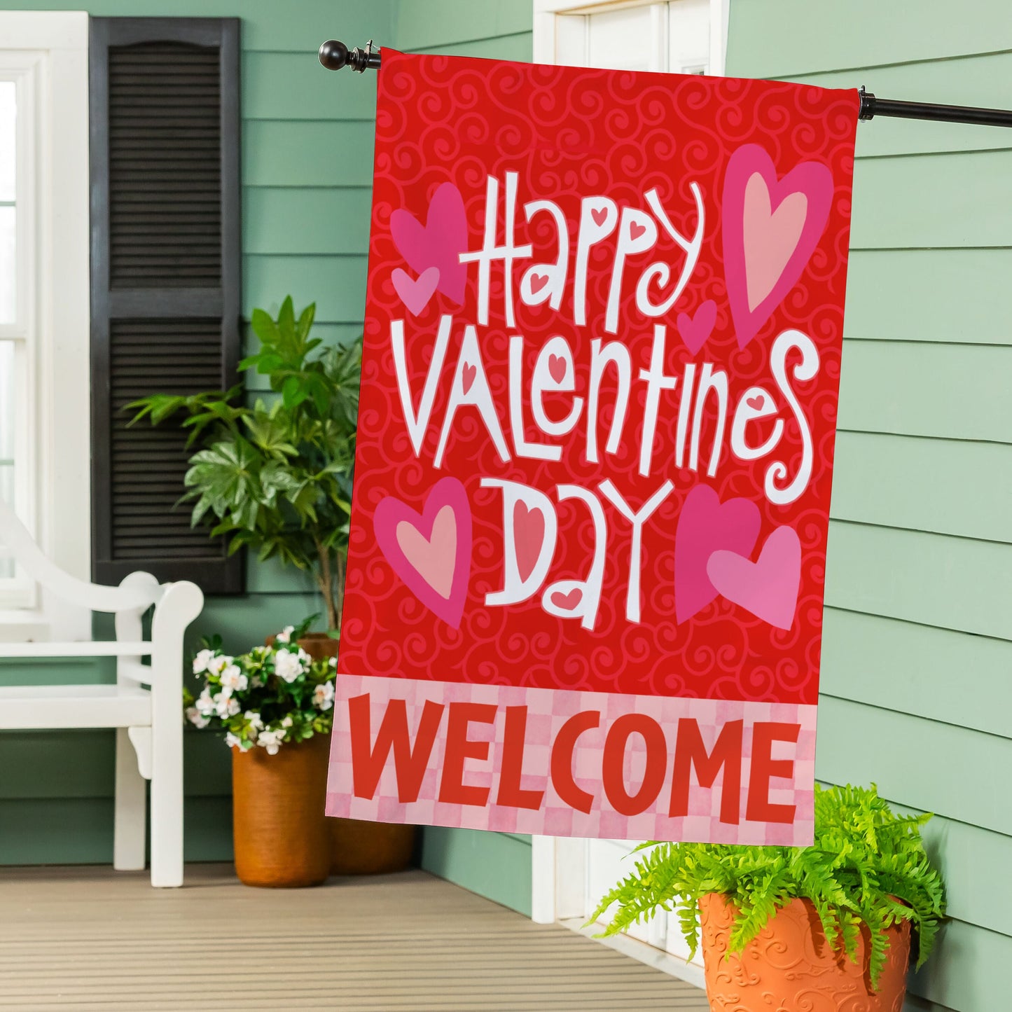 Happy Valentine's Day Welcome Burlap House Flag for porch with red burlap and pink hearts on Tampa Home & Garden Store