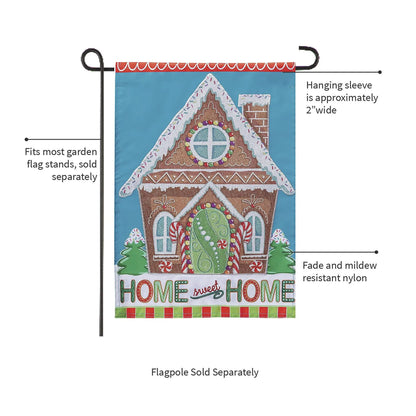 Gingerbread Home Sweet Home applique garden flag Evergreen Enterprises with house on blue on Tampa Home & Garden Store