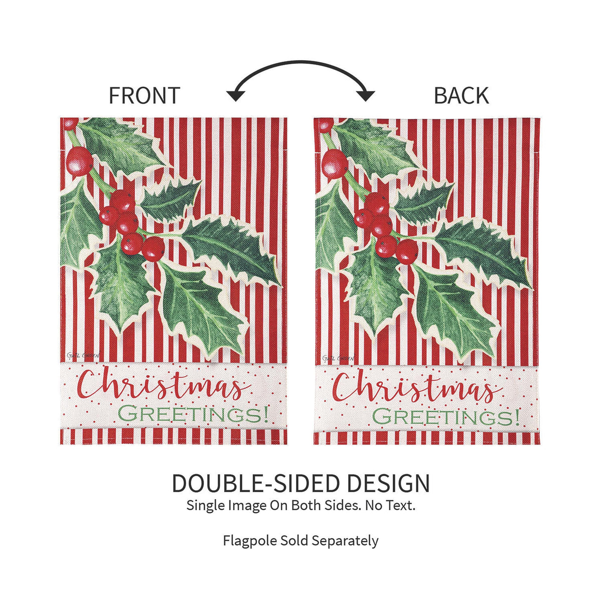 Double-sided burlap Christmas greetings garden flag with holly berries on red stripes Evergreen on Tampa Home & Garden Store
