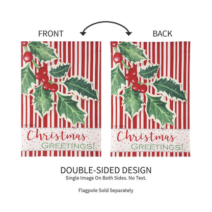 Double-sided burlap Christmas greetings garden flag with holly berries on red stripes Evergreen on Tampa Home & Garden Store