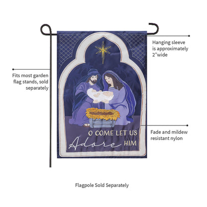 Applique garden flag Come Let Us Adore Him navy nativity scene by Evergreen Enterprises on Tampa Home & Garden Store