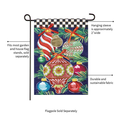 Happy Holidays Ornaments Applique Garden Flag with checkered top and festive ribbons on Tampa Home & Garden Store