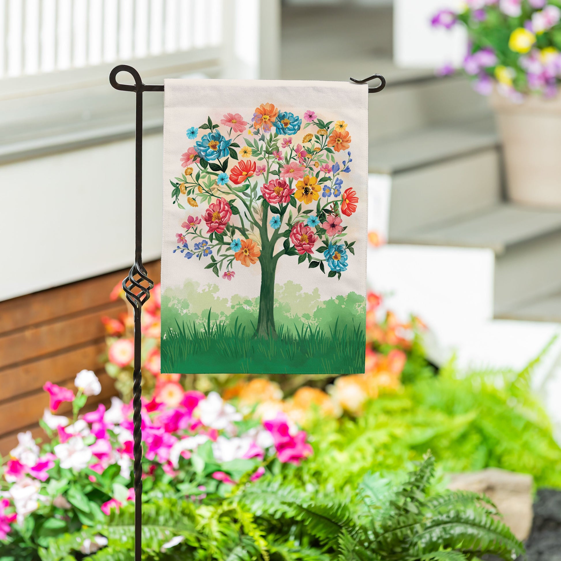 Blooming Tree of Life burlap garden flag with colorful flowers on white burlap on Tampa Home & Garden Store