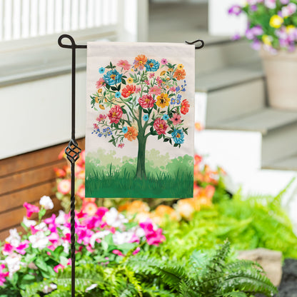 Blooming Tree of Life burlap garden flag with colorful flowers on white burlap on Tampa Home & Garden Store