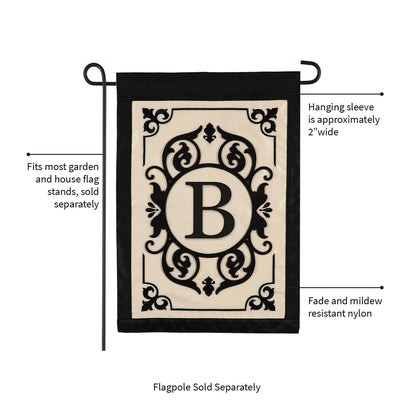 Cambridge Monogram Garden Flag B by Evergreen Enterprises, cream center with ornate black crest on Tampa Home & Garden Store