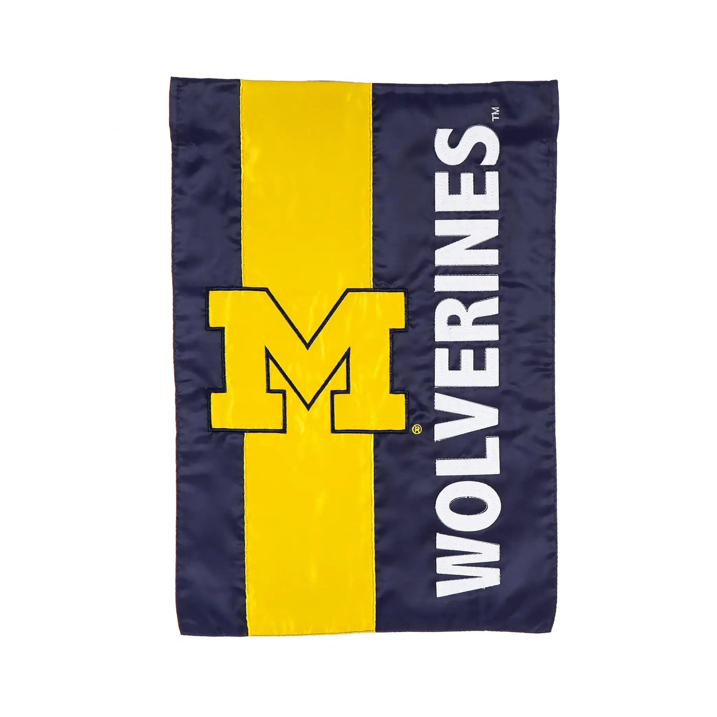 University of Michigan embellished garden flag navy with maize M panel and white MICHIGAN text on Tampa Home & Garden Store