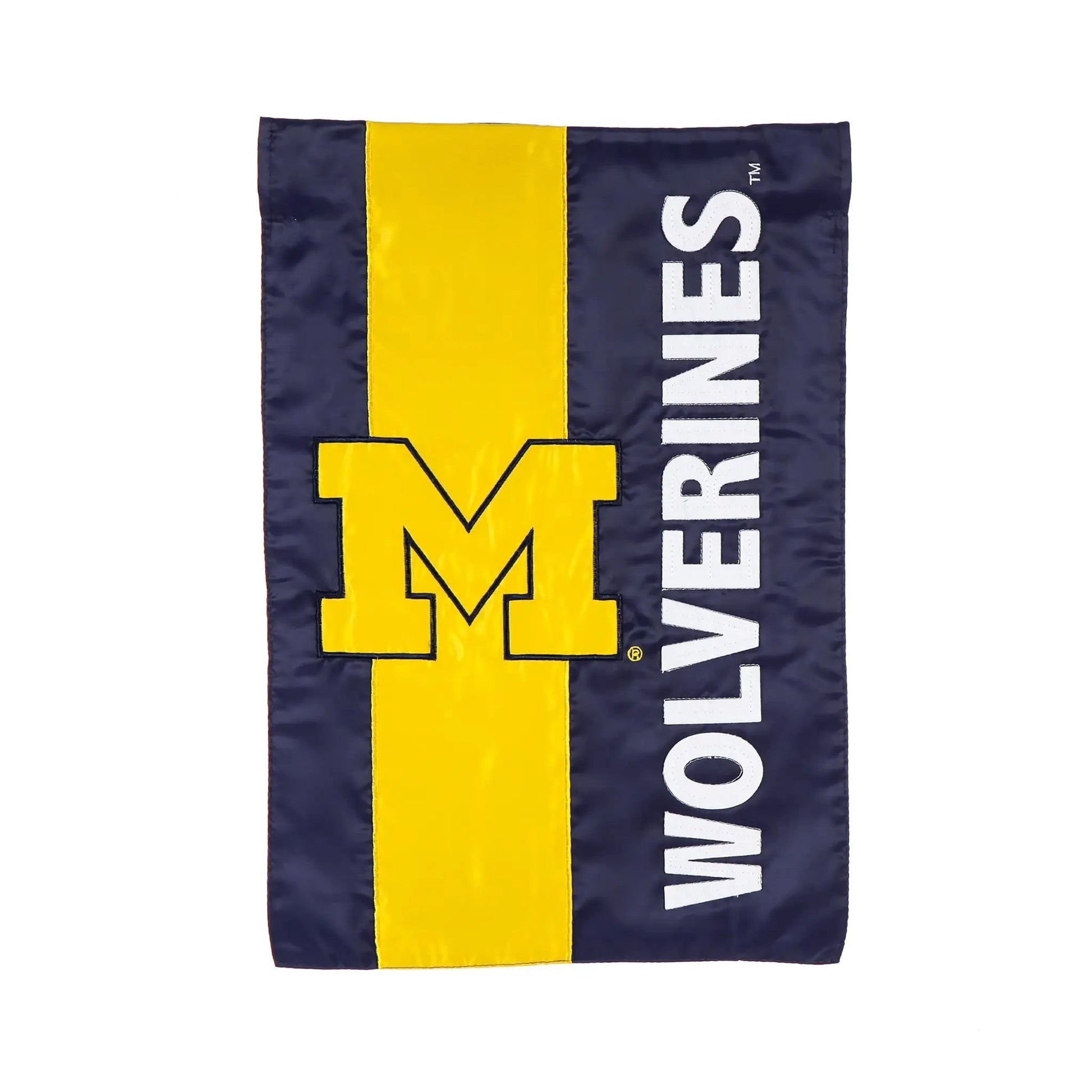 University of Michigan embellished garden flag navy with maize M panel and white MICHIGAN text on Tampa Home & Garden Store