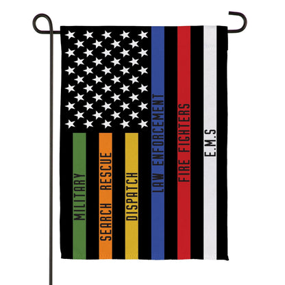Responders Thin Line Garden Suede Flag black field with white stars and multicolor stripes on Tampa Home & Garden Store