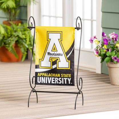 Appalachian State University burlap flag on a black metal stand, yellow banner on Tampa Home & Garden Store