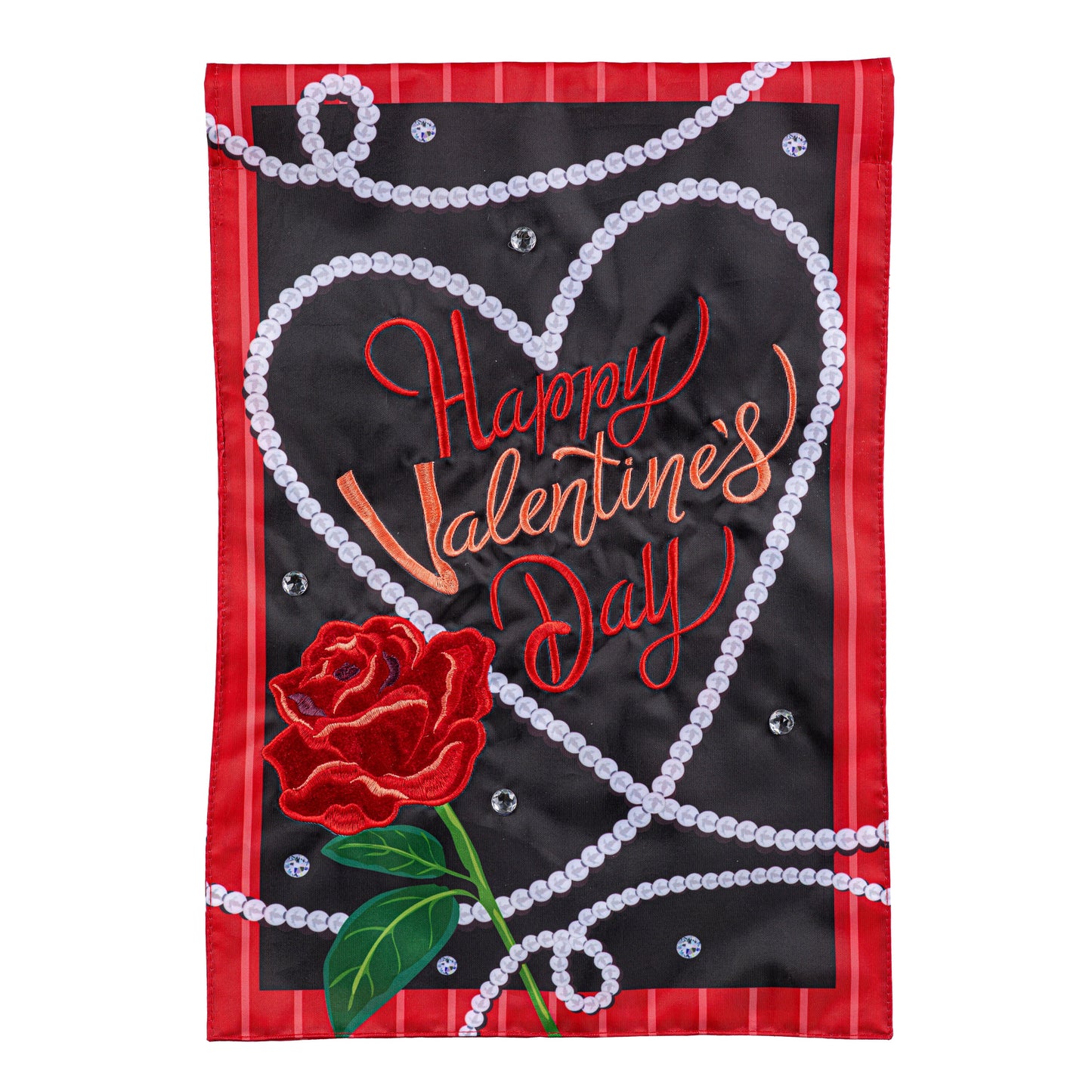 Valentine's Day Pearls Applique Flag with red border and pearl bead motif on Tampa Home & Garden Store
