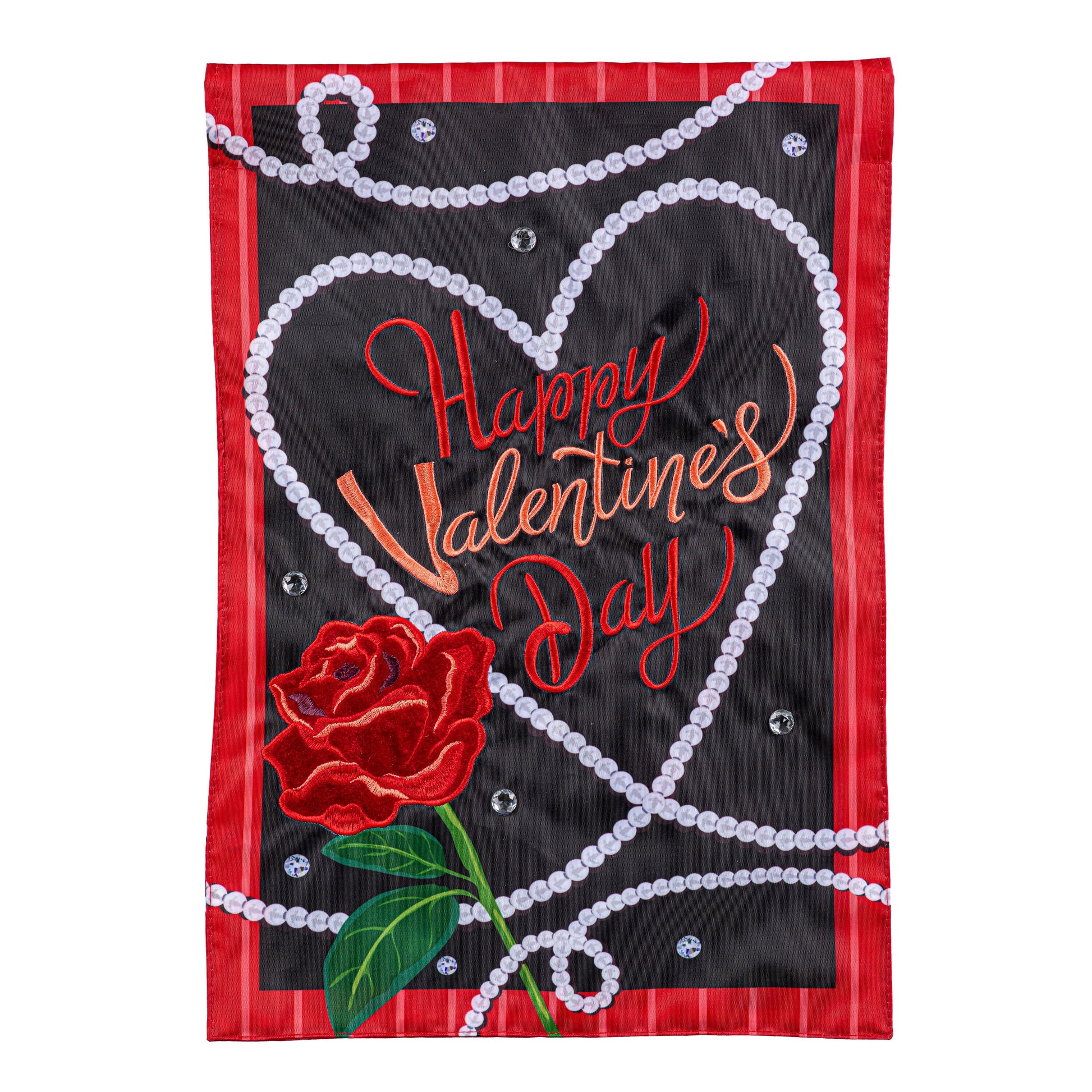 Valentine's Day Pearls Applique Flag with red border and pearl bead motif on Tampa Home & Garden Store