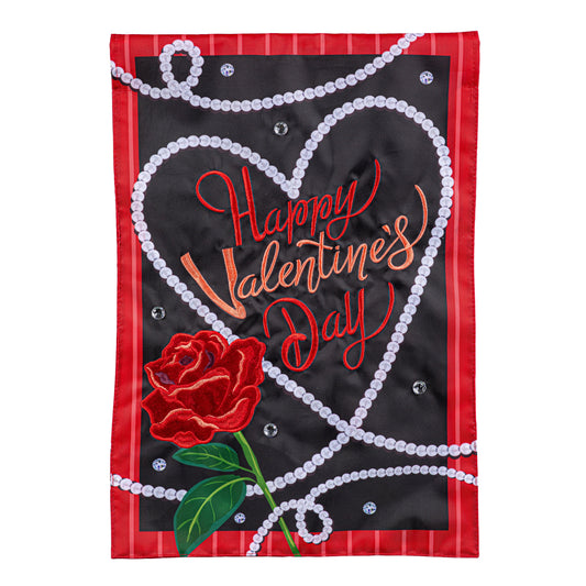 Valentine's Day Pearls Applique Flag with red border and pearl bead motif on Tampa Home & Garden Store