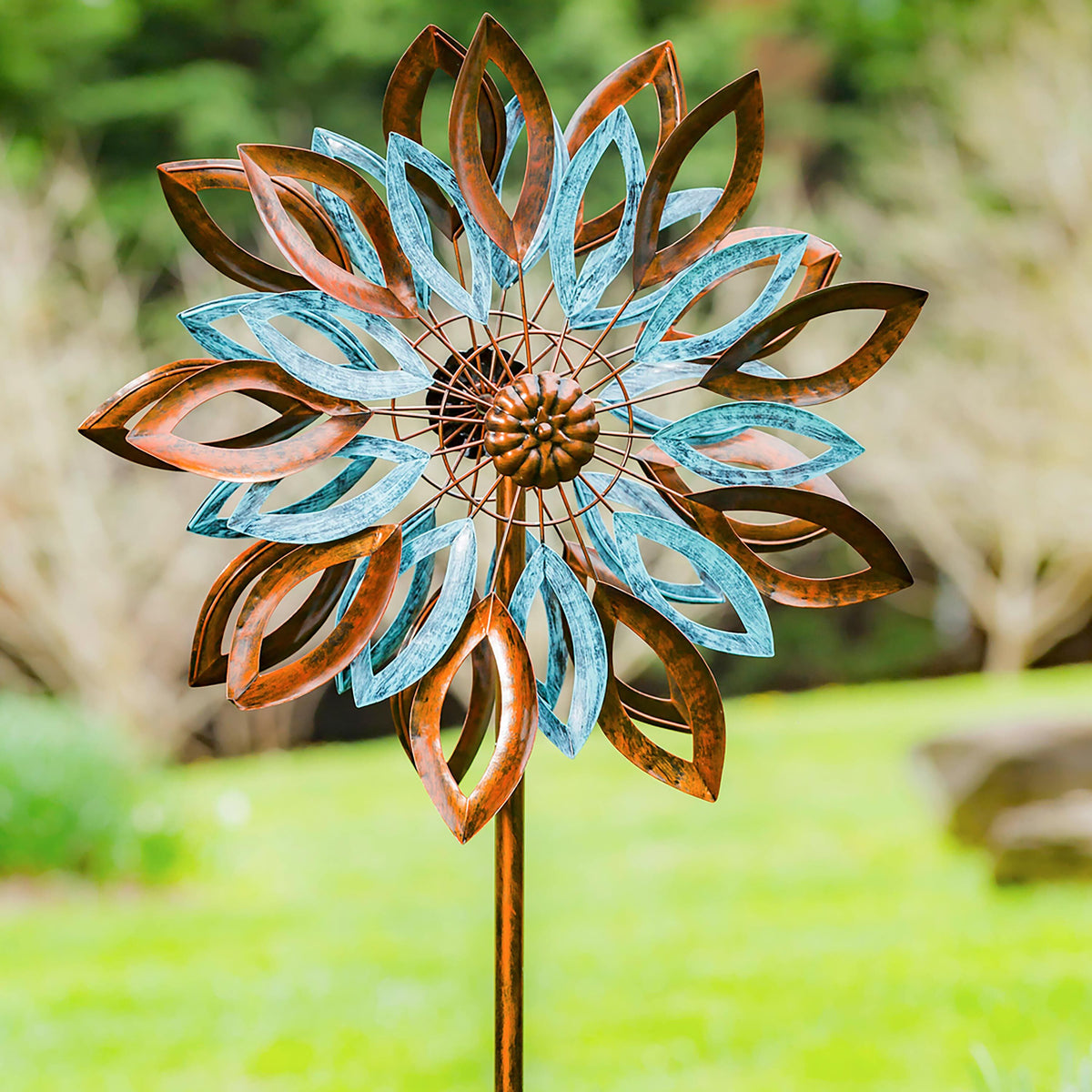 75-inch wind spinner with copper and verdigris leaf blades on a metal stake on Tampa Home & Garden Store
