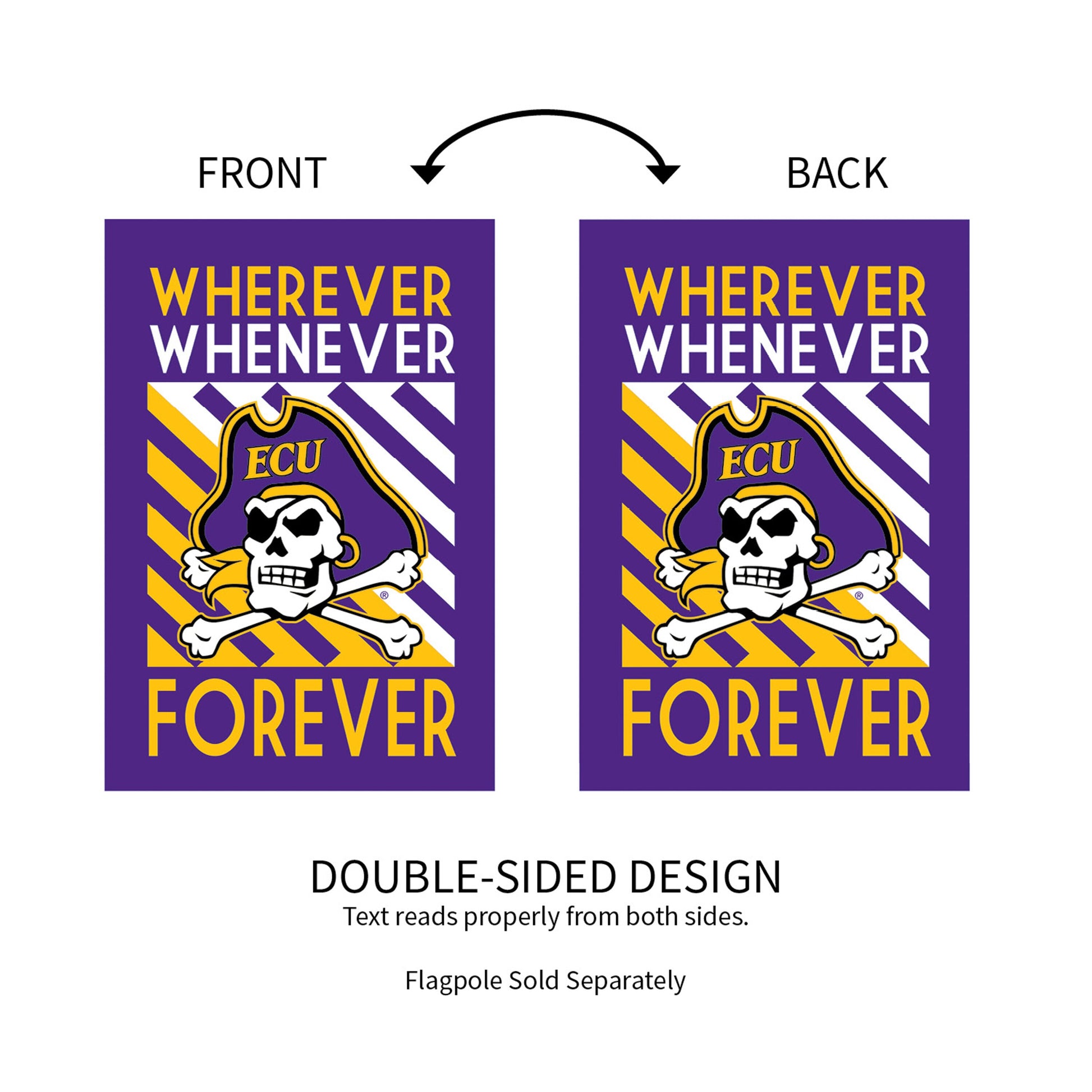 Lustre Flags ECU WWF House Flag purple with gold WHEREVER WHENEVER FOREVER skull, two shown on Tampa Home & Garden Store