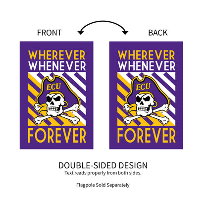 Lustre Flags ECU WWF House Flag purple with gold WHEREVER WHENEVER FOREVER skull, two shown on Tampa Home & Garden Store