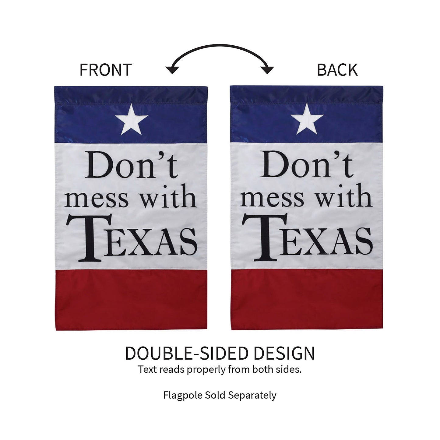 Don't Mess With Texas applique flag 2-pack, front & back with navy header, white star, bold Texas on Tampa Home & Garden Store