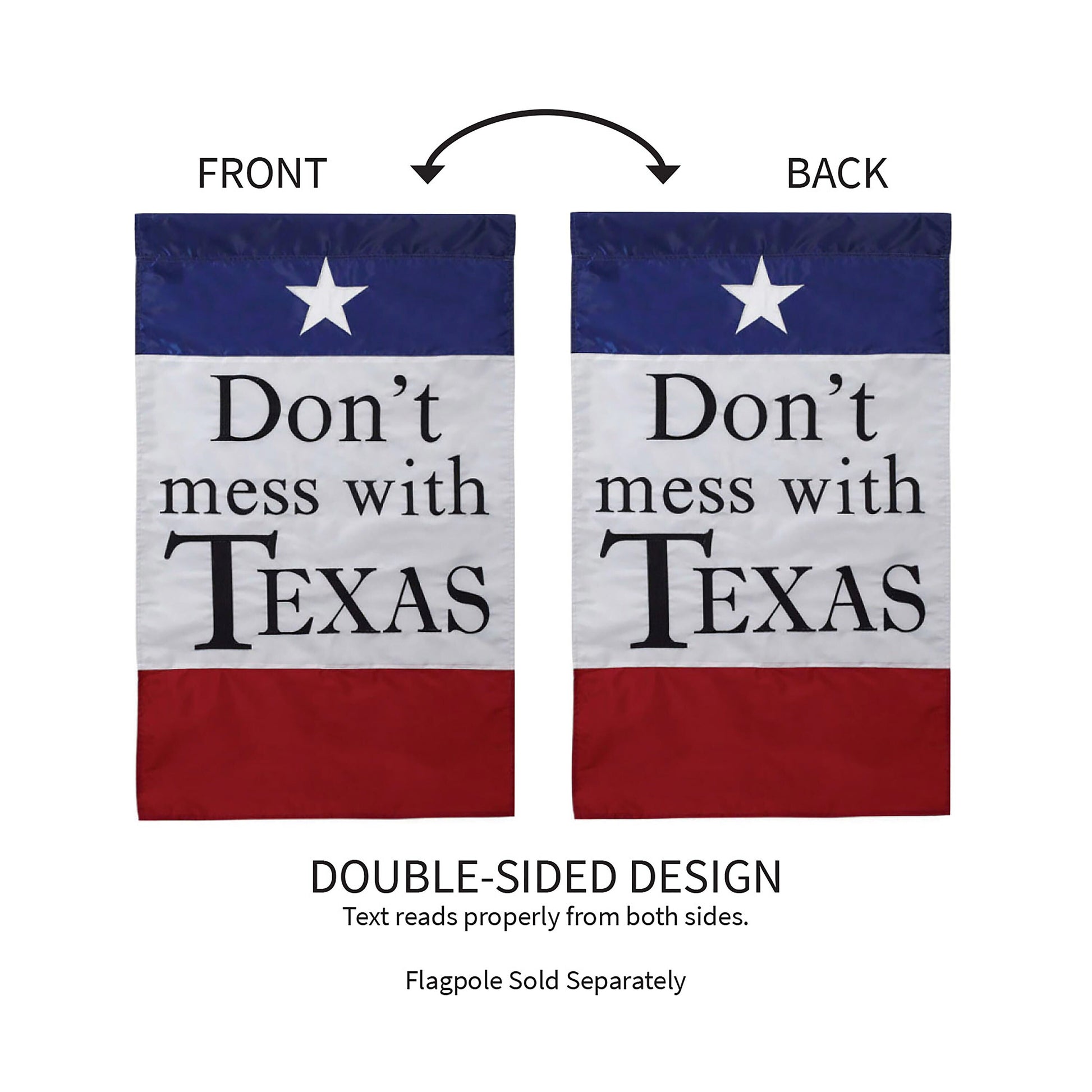 Don't Mess With Texas applique flag 2-pack, front & back with navy header, white star, bold Texas on Tampa Home & Garden Store