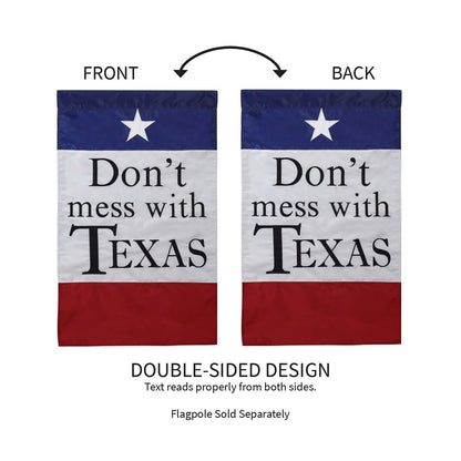 Don't Mess With Texas applique flag 2-pack, front & back with navy header, white star, bold Texas on Tampa Home & Garden Store