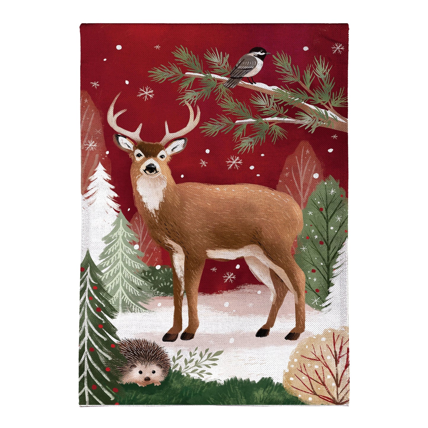 Woodland Storybook Reindeer Burlap House Flag red burlap with deer by Evergreen Enterprises on Tampa Home & Garden Store