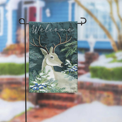 Woodland Deer Welcome Applique Garden Flag dark green with deer antlers and pine foliage on Tampa Home & Garden Store