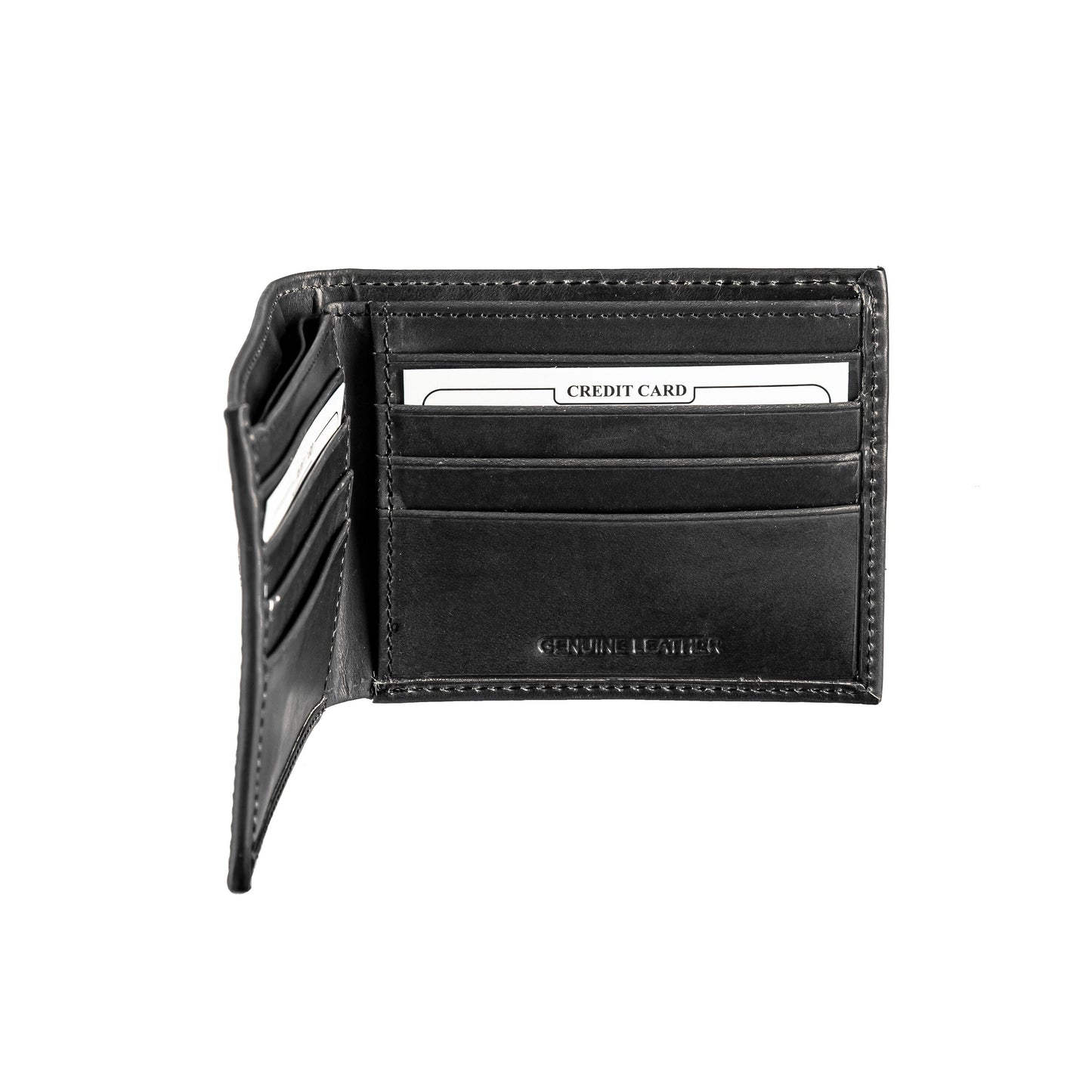 Bi-Fold Wallet in black genuine leather with card slots and stitched edges on Tampa Home & Garden Store